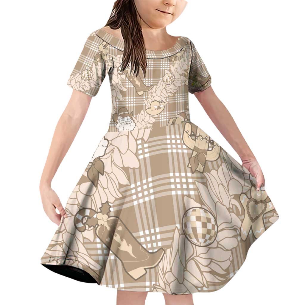 Khaki Palaka Hawaii Cowboy Christmas Family Matching Off Shoulder Short Dress and Hawaiian Shirt Paniolo Mix Maile Lei LT7 Daughter's Dress Beige - Polynesian Pride