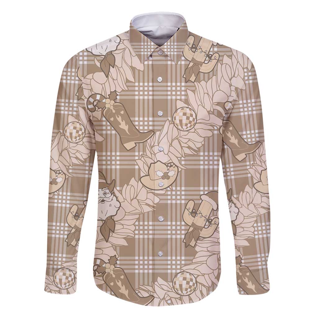 Khaki Palaka Hawaii Cowboy Christmas Family Matching Off Shoulder Short Dress and Hawaiian Shirt Paniolo Mix Maile Lei LT7 Dad's Shirt - Long Sleeve Beige - Polynesian Pride
