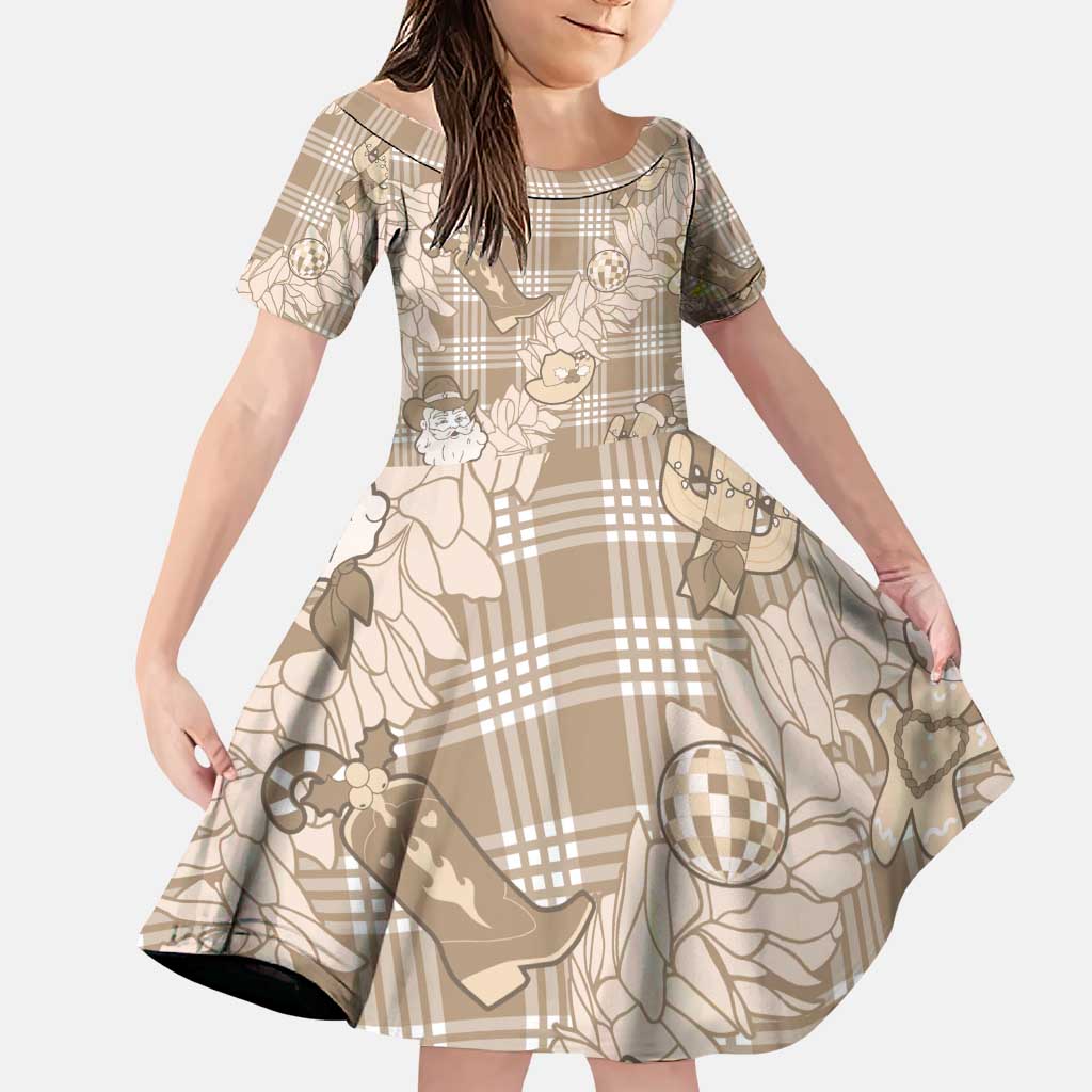 Khaki Palaka Hawaii Cowboy Christmas Family Matching Puletasi and Hawaiian Shirt Paniolo Mix Maile Lei LT7 Daughter's Dress Beige - Polynesian Pride