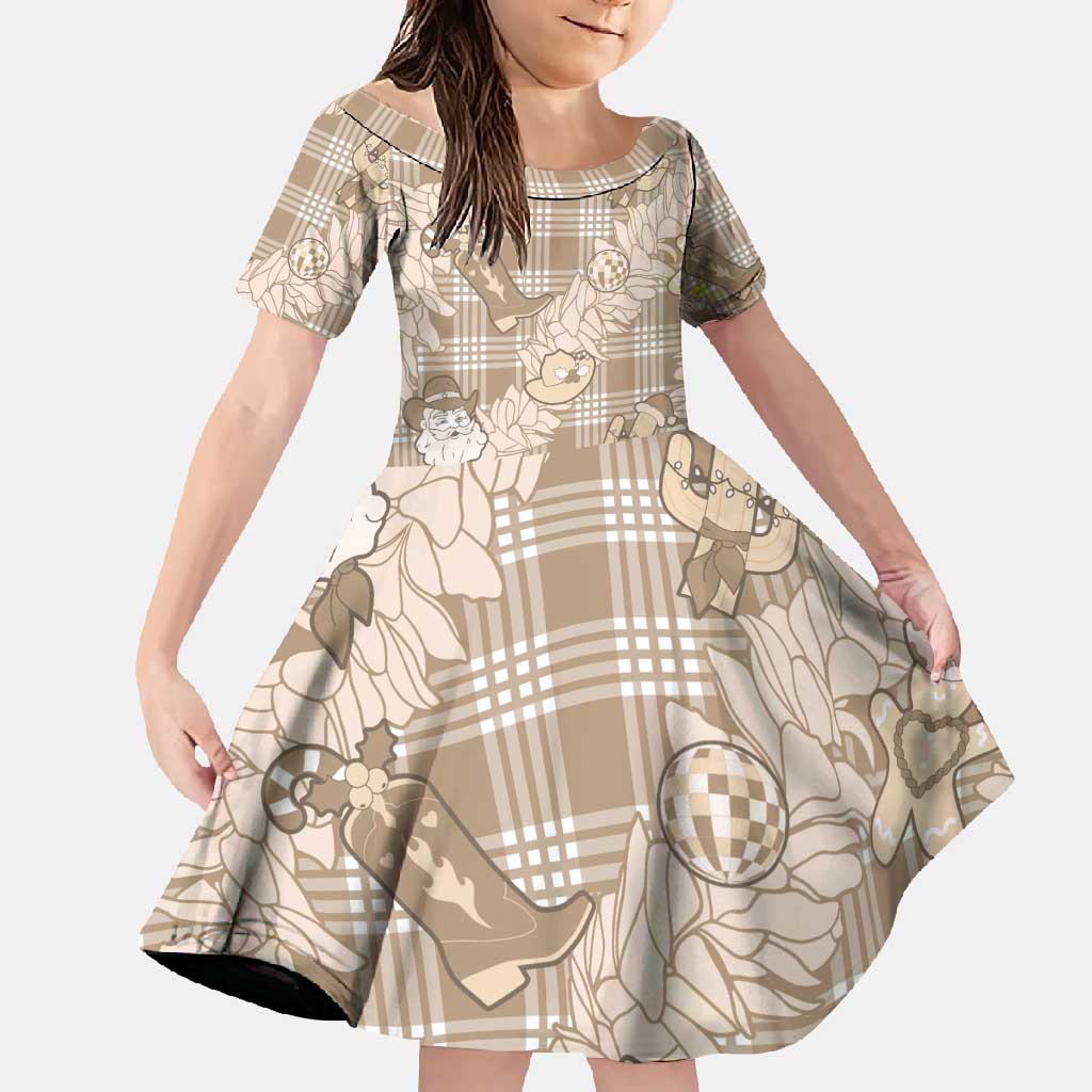 Khaki Palaka Hawaii Cowboy Christmas Family Matching Short Sleeve Bodycon Dress and Hawaiian Shirt Paniolo Mix Maile Lei LT7 Daughter's Dress Beige - Polynesian Pride