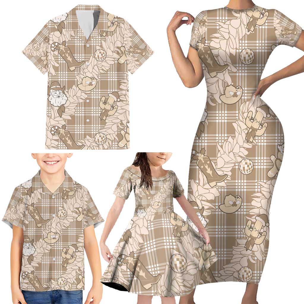Khaki Palaka Hawaii Cowboy Christmas Family Matching Short Sleeve Bodycon Dress and Hawaiian Shirt Paniolo Mix Maile Lei LT7 - Polynesian Pride