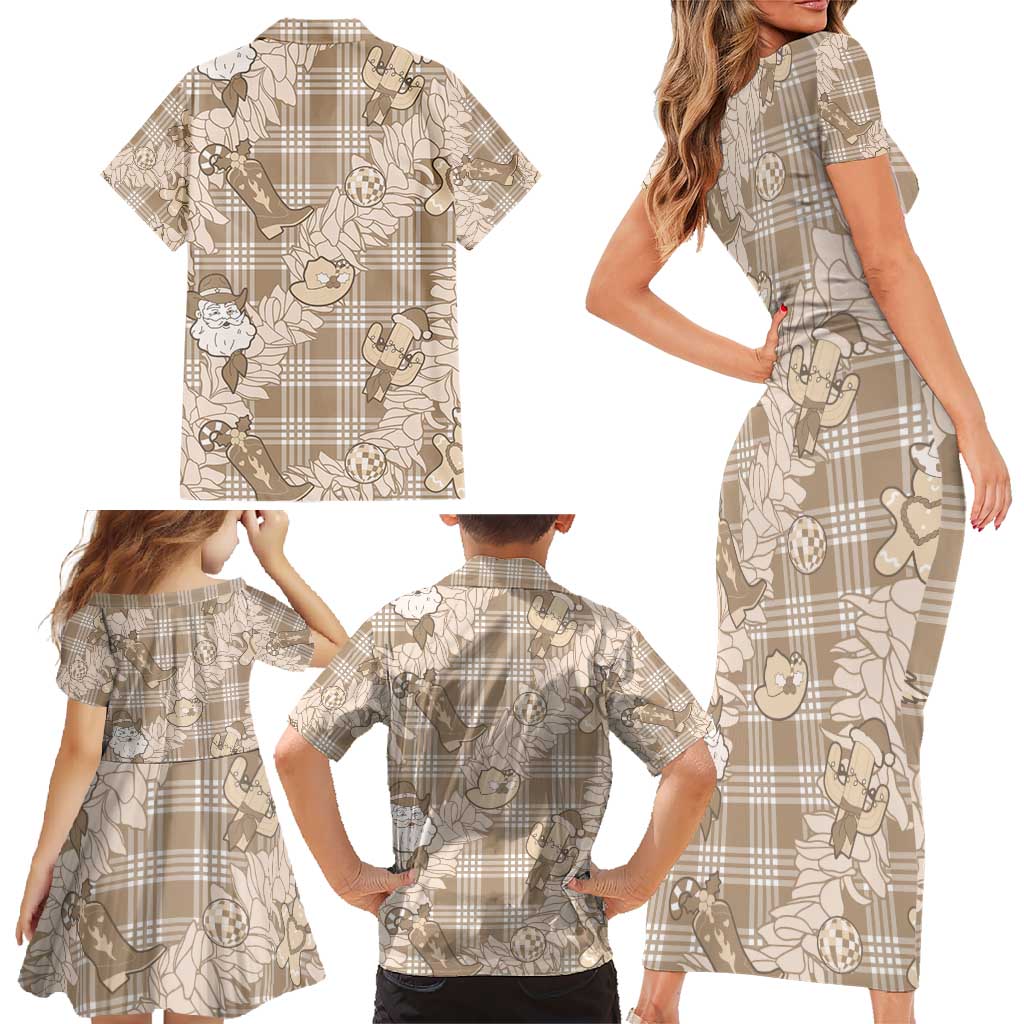 Khaki Palaka Hawaii Cowboy Christmas Family Matching Short Sleeve Bodycon Dress and Hawaiian Shirt Paniolo Mix Maile Lei LT7 - Polynesian Pride