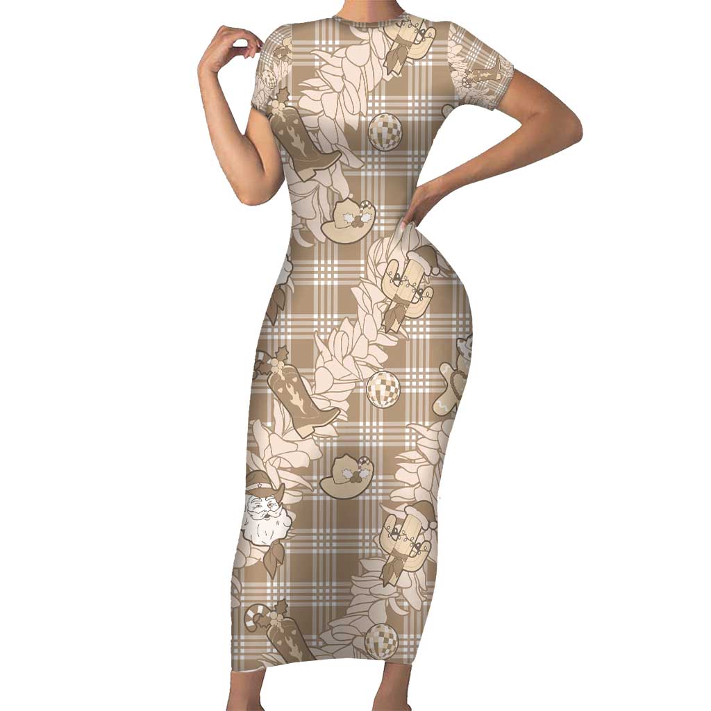 Khaki Palaka Hawaii Cowboy Christmas Family Matching Short Sleeve Bodycon Dress and Hawaiian Shirt Paniolo Mix Maile Lei LT7 Mom's Dress Beige - Polynesian Pride