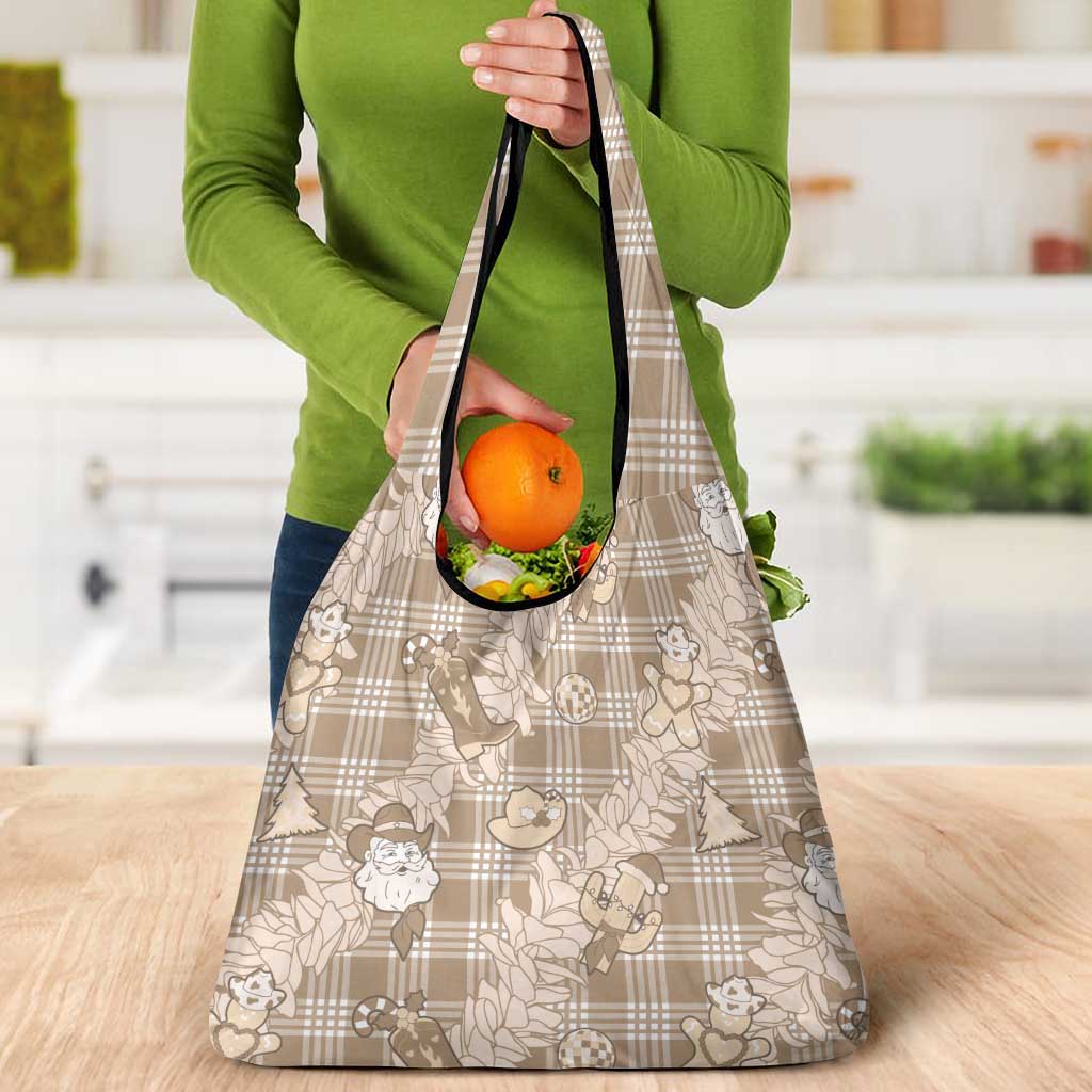 Khaki Palaka Hawaii Cowboy Christmas Grocery Bag Paniolo Mix Maile Lei - Polynesian Pride