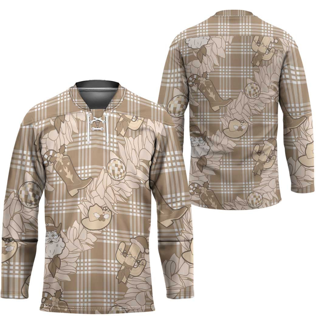 Khaki Palaka Hawaii Cowboy Christmas Hockey Jersey Paniolo Mix Maile Lei - Polynesian Pride