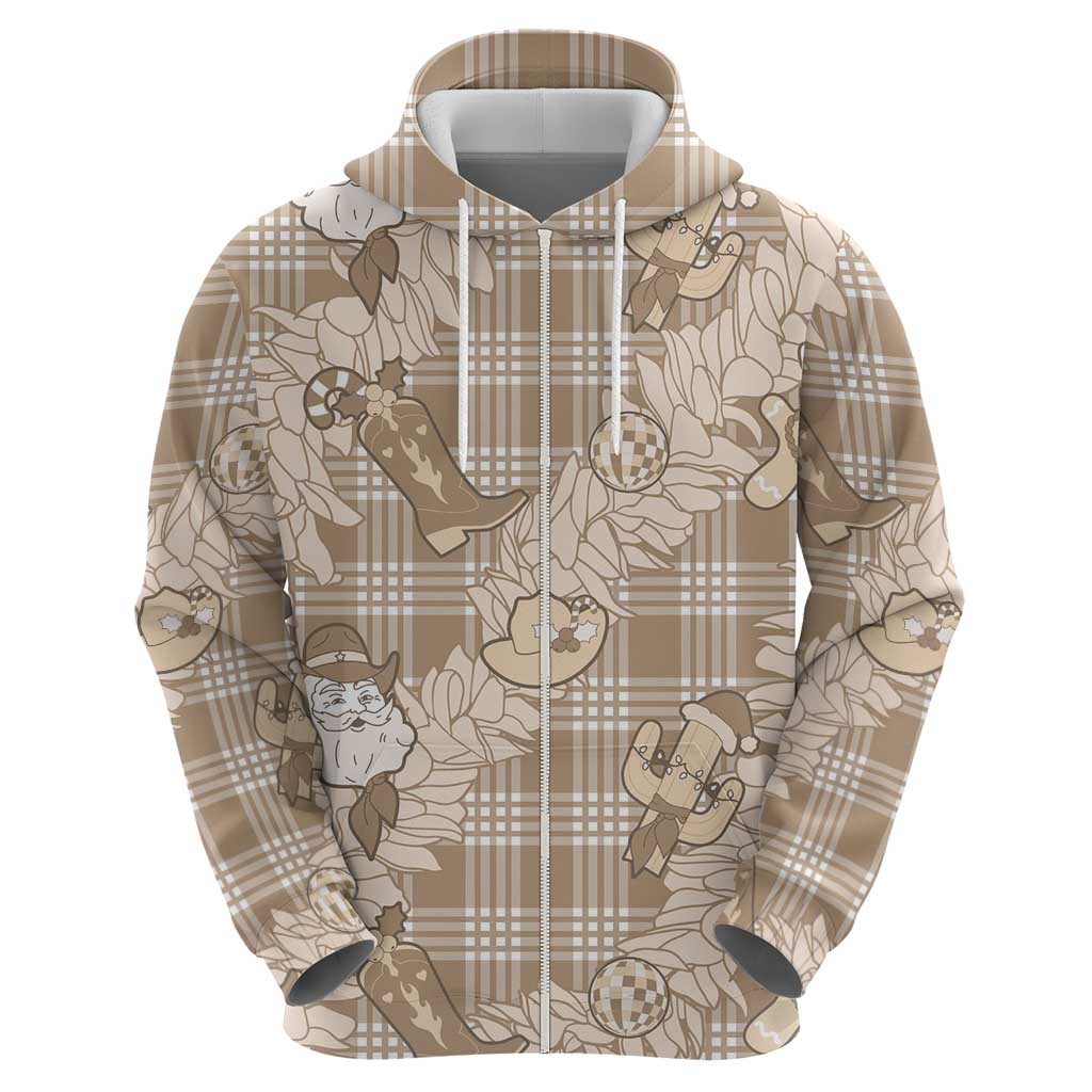 Khaki Palaka Hawaii Cowboy Christmas Hoodie Paniolo Mix Maile Lei - Polynesian Pride