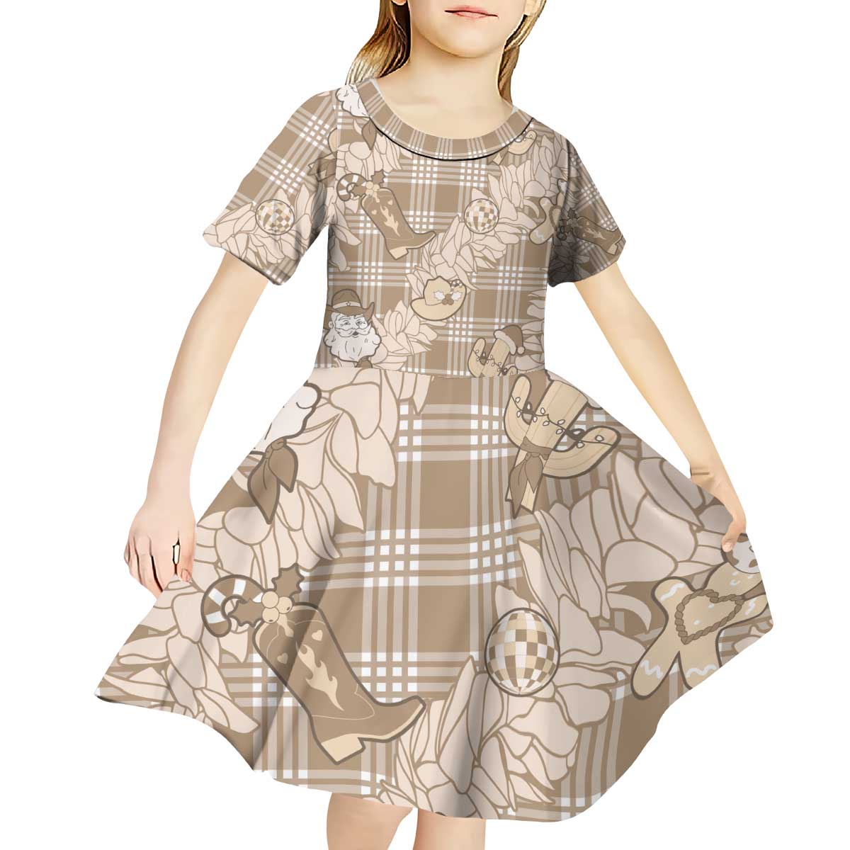 Khaki Palaka Hawaii Cowboy Christmas Kid Short Sleeve Dress Paniolo Mix Maile Lei LT7 - Polynesian Pride