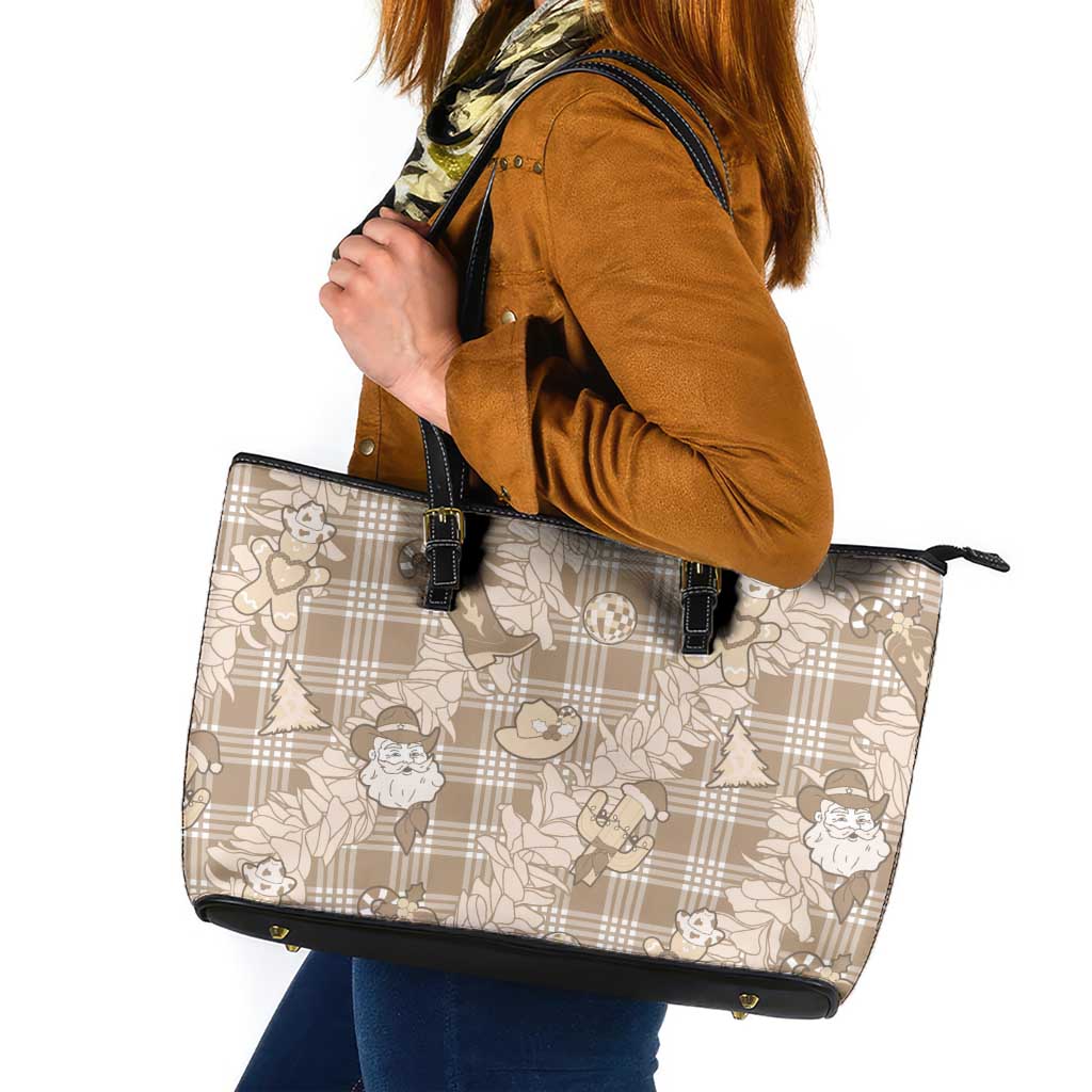 Khaki Palaka Hawaii Cowboy Christmas Leather Tote Bag Paniolo Mix Maile Lei - Polynesian Pride