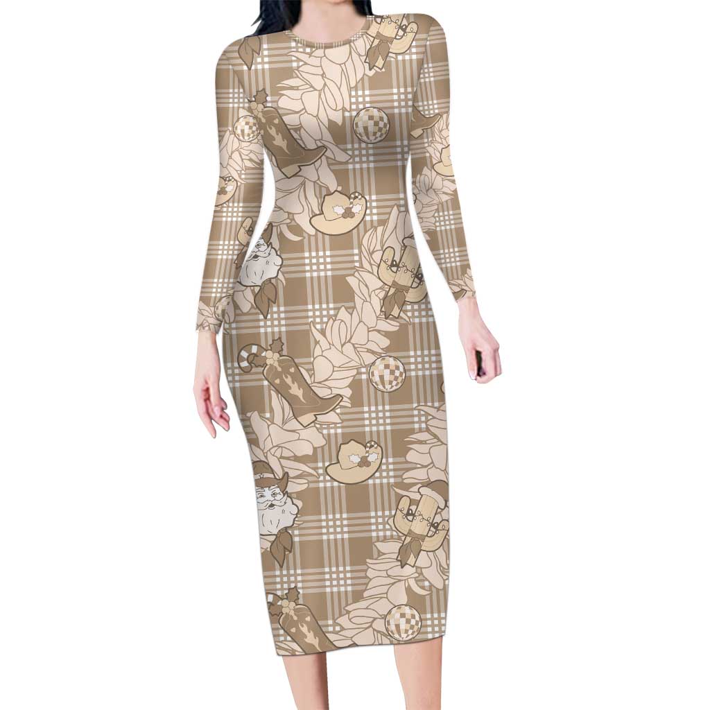 Khaki Palaka Hawaii Cowboy Christmas Long Sleeve Bodycon Dress Paniolo Mix Maile Lei LT7 Long Dress Beige - Polynesian Pride