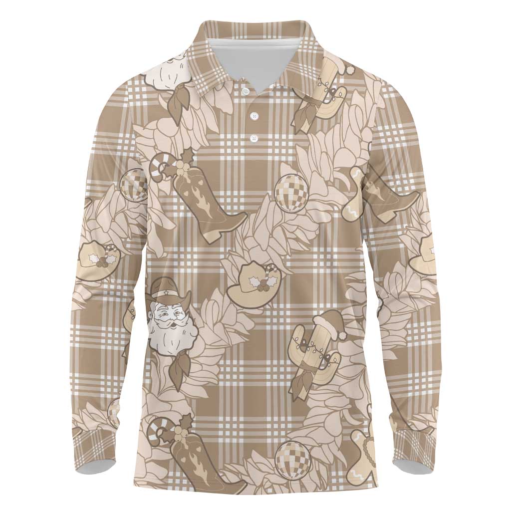 Khaki Palaka Hawaii Cowboy Christmas Long Sleeve Polo Shirt Paniolo Mix Maile Lei - Polynesian Pride