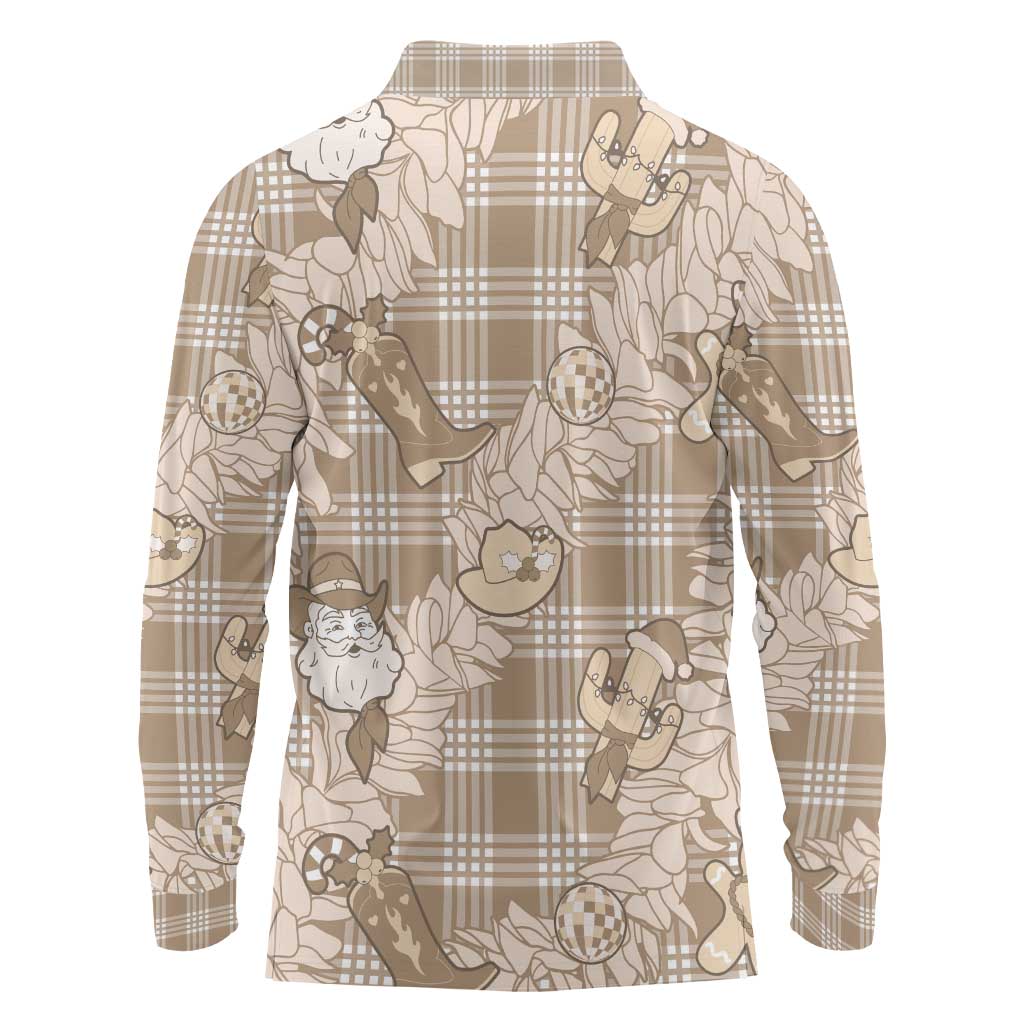 Khaki Palaka Hawaii Cowboy Christmas Long Sleeve Polo Shirt Paniolo Mix Maile Lei LT7 - Polynesian Pride