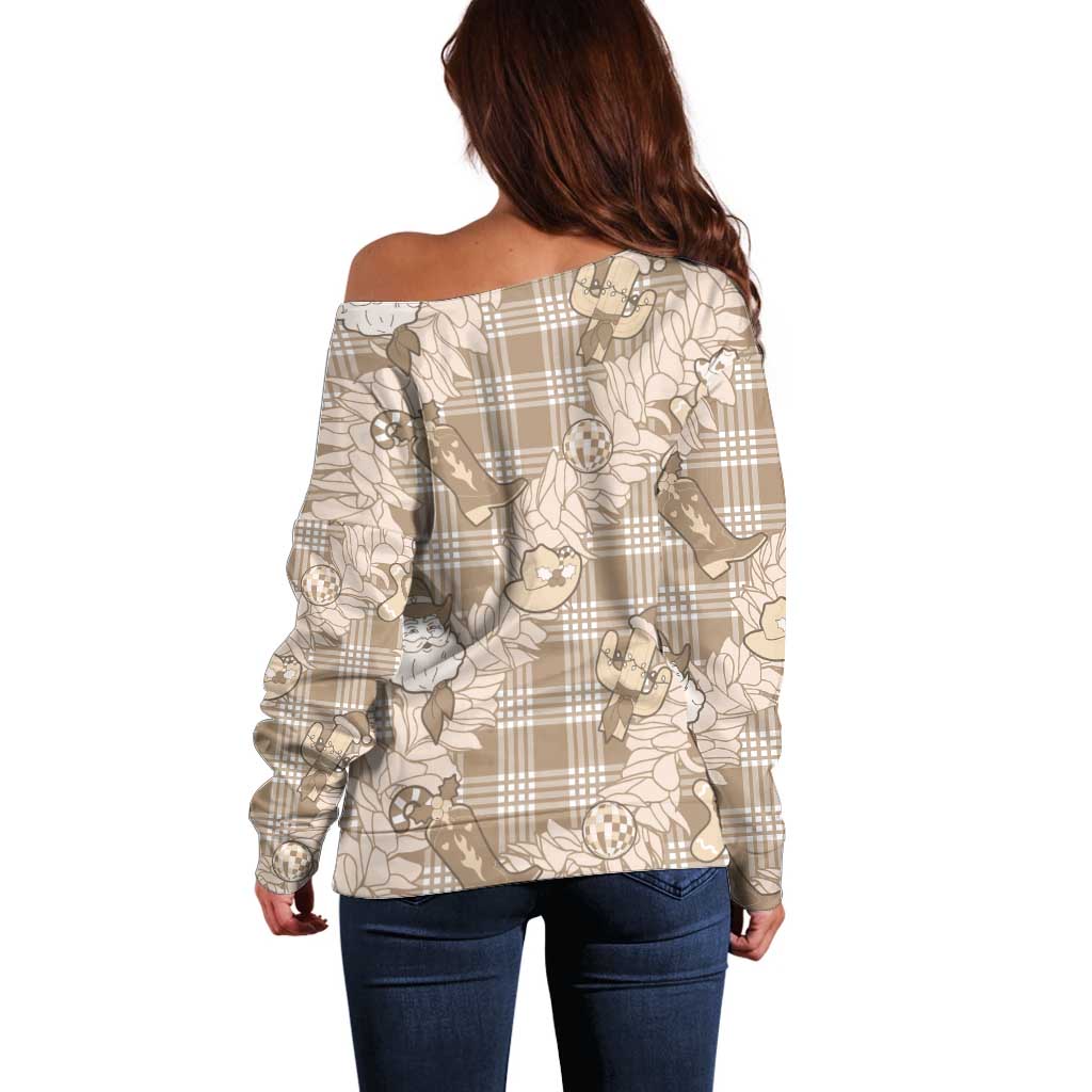 Khaki Palaka Hawaii Cowboy Christmas Off Shoulder Sweater Paniolo Mix Maile Lei - Polynesian Pride