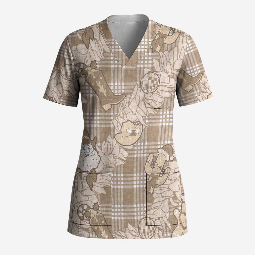 Khaki Palaka Hawaii Cowboy Christmas Scrub Top Paniolo Mix Maile Lei - Polynesian Pride