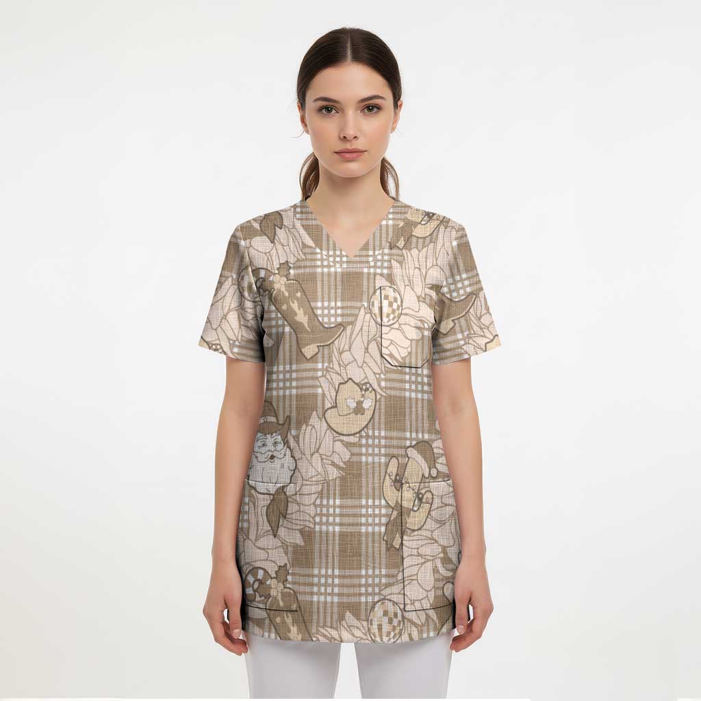 Khaki Palaka Hawaii Cowboy Christmas Scrub Top Paniolo Mix Maile Lei - Polynesian Pride