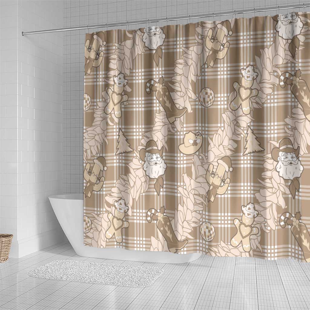 Khaki Palaka Hawaii Cowboy Christmas Shower Curtain Paniolo Mix Maile Lei - Polynesian Pride