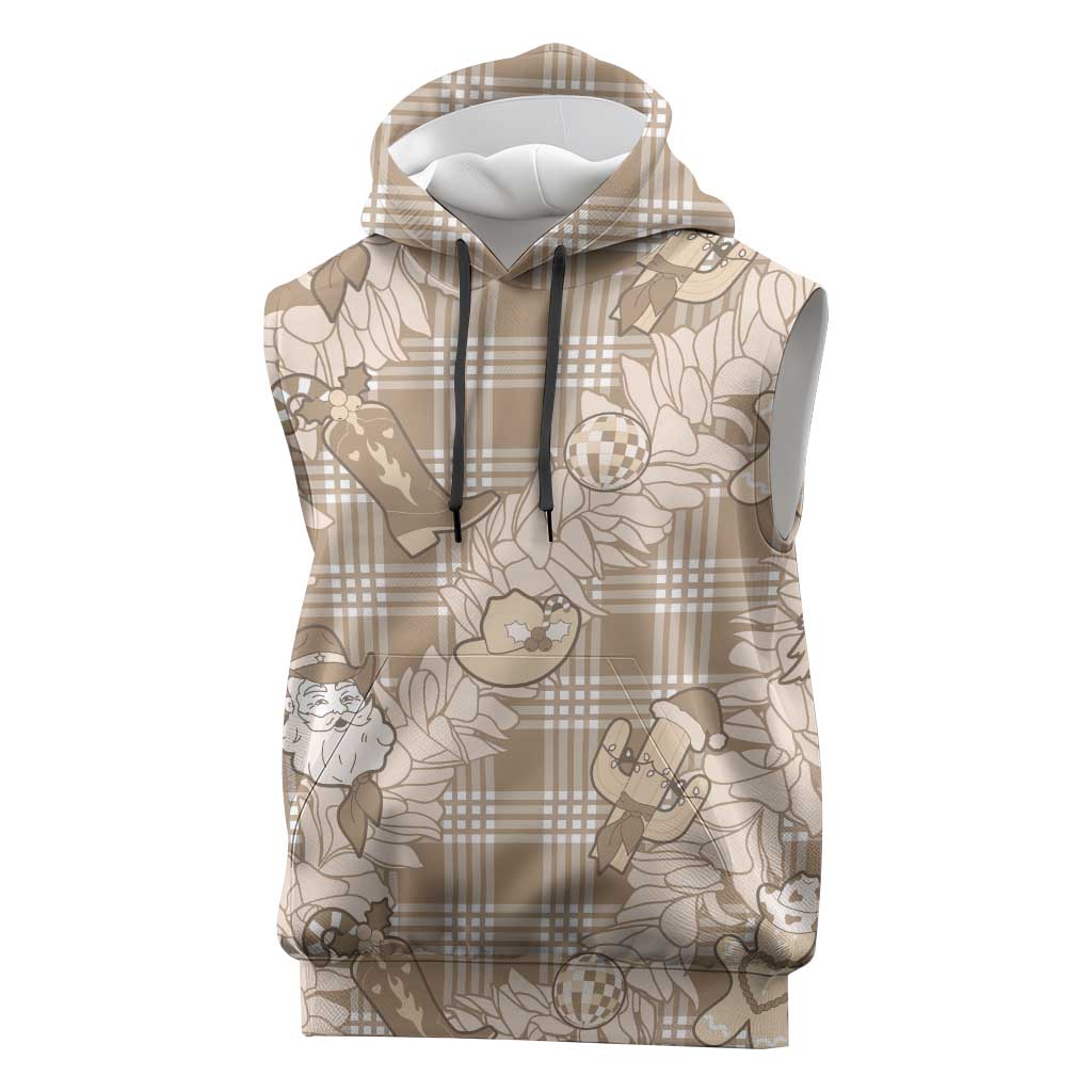 Khaki Palaka Hawaii Cowboy Christmas Sleeveless Hoodie Paniolo Mix Maile Lei LT7 Beige - Polynesian Pride
