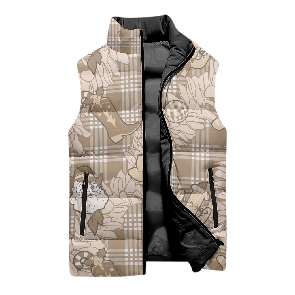 Khaki Palaka Hawaii Cowboy Christmas Sleeveless Puffer Jacket Paniolo Mix Maile Lei - Polynesian Pride