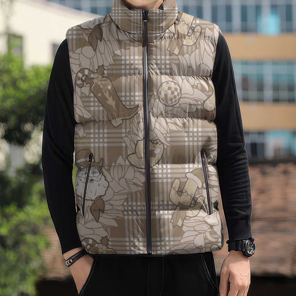 Khaki Palaka Hawaii Cowboy Christmas Sleeveless Puffer Jacket Paniolo Mix Maile Lei - Polynesian Pride