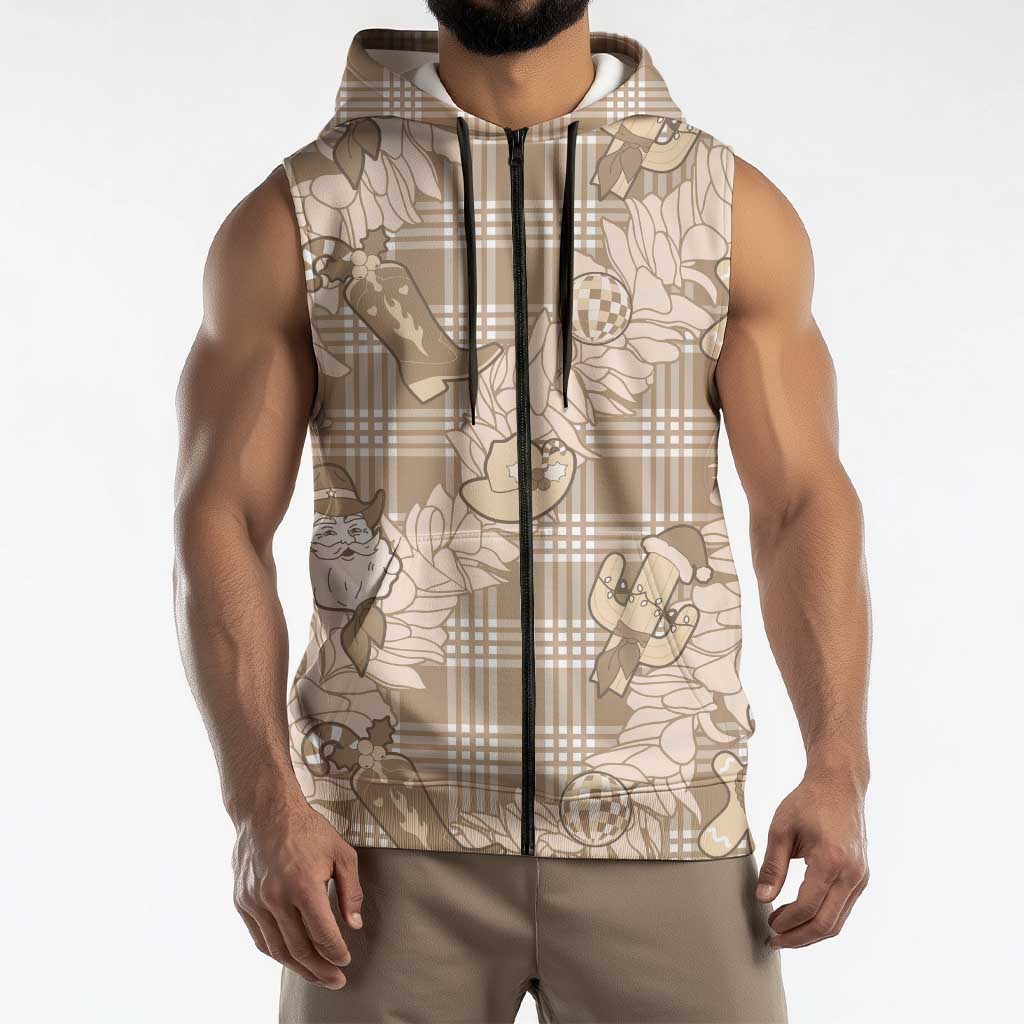 Khaki Palaka Hawaii Cowboy Christmas Sleeveless Zip Hoodie Paniolo Mix Maile Lei LT7 - Polynesian Pride