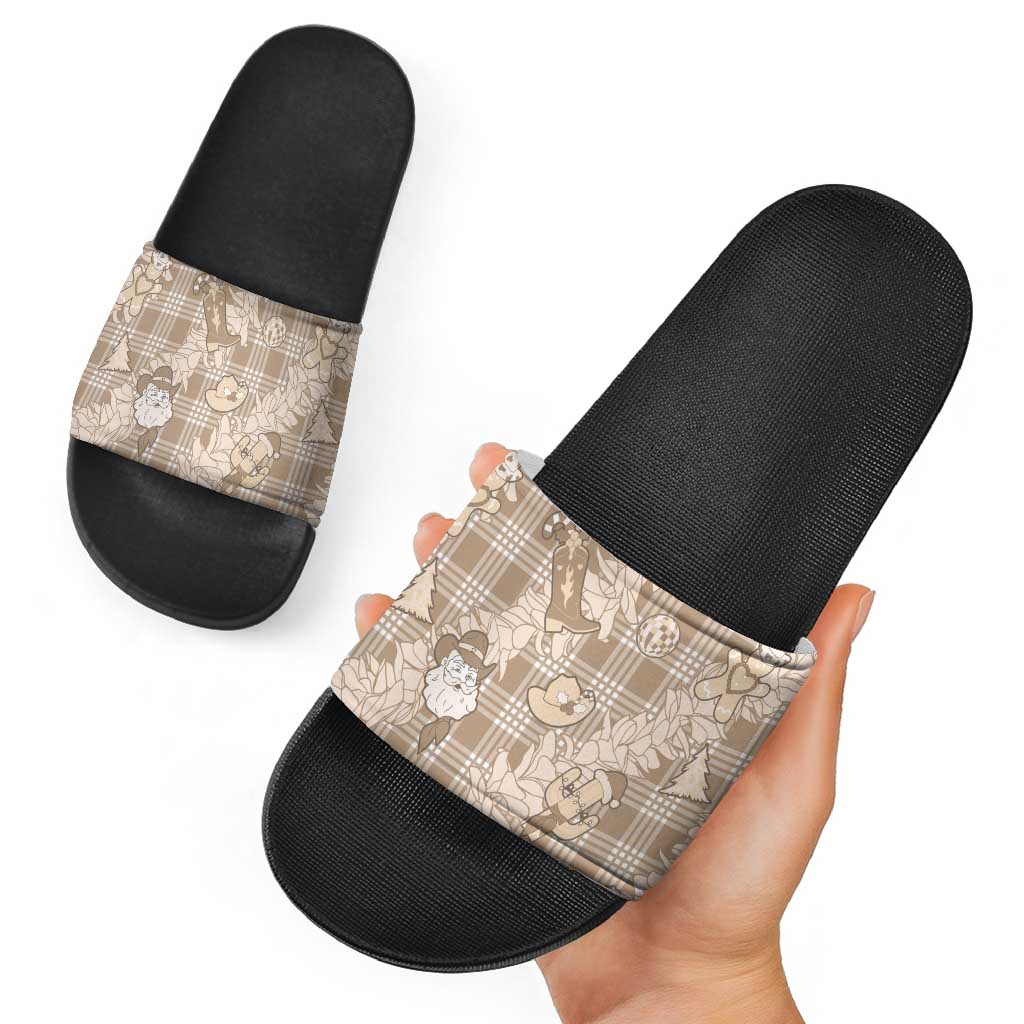 Khaki Palaka Hawaii Cowboy Christmas Slide Sandals Paniolo Mix Maile Lei - Polynesian Pride