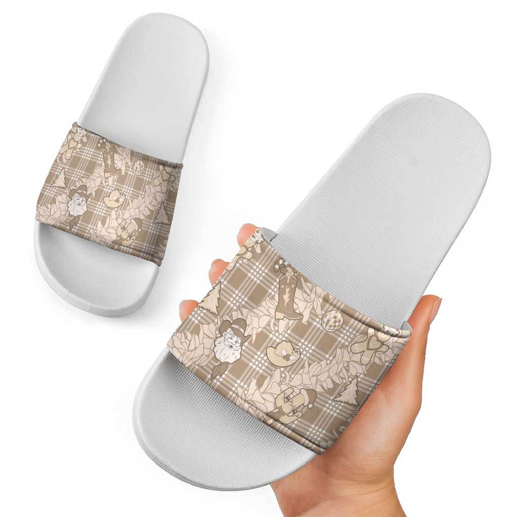Khaki Palaka Hawaii Cowboy Christmas Slide Sandals Paniolo Mix Maile Lei - Polynesian Pride
