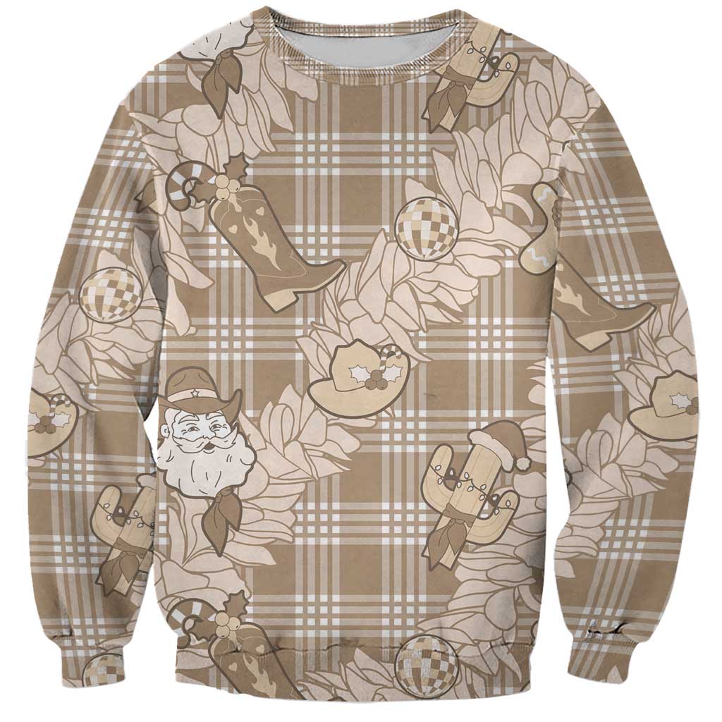 Khaki Palaka Hawaii Cowboy Christmas Sweatshirt Paniolo Mix Maile Lei LT7 Unisex Beige - Polynesian Pride