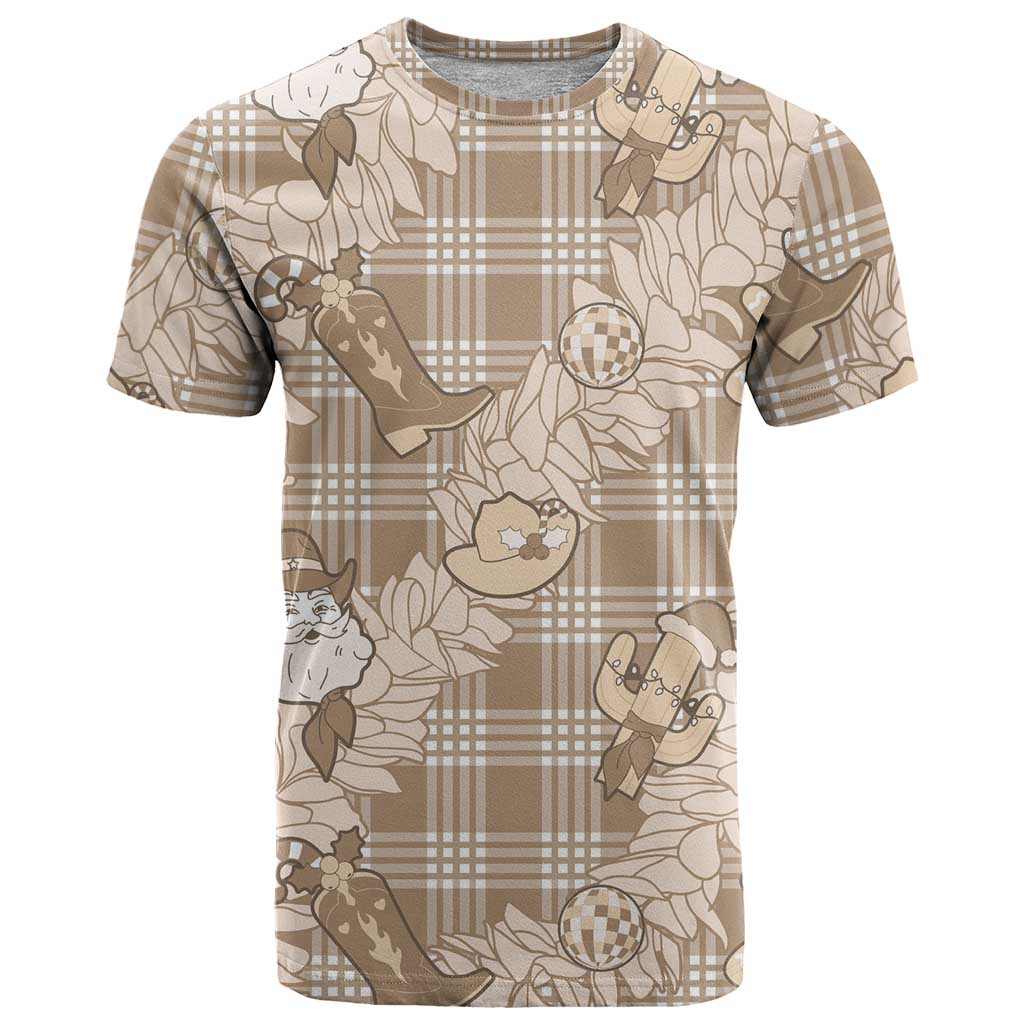 Khaki Palaka Hawaii Cowboy Christmas T Shirt Paniolo Mix Maile Lei - Polynesian Pride