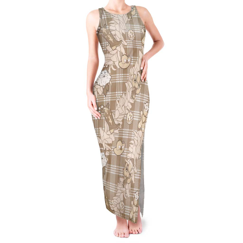 Khaki Palaka Hawaii Cowboy Christmas Tank Maxi Dress Paniolo Mix Maile Lei - Polynesian Pride