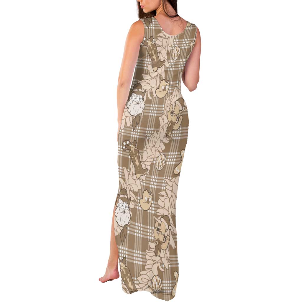 Khaki Palaka Hawaii Cowboy Christmas Tank Maxi Dress Paniolo Mix Maile Lei - Polynesian Pride