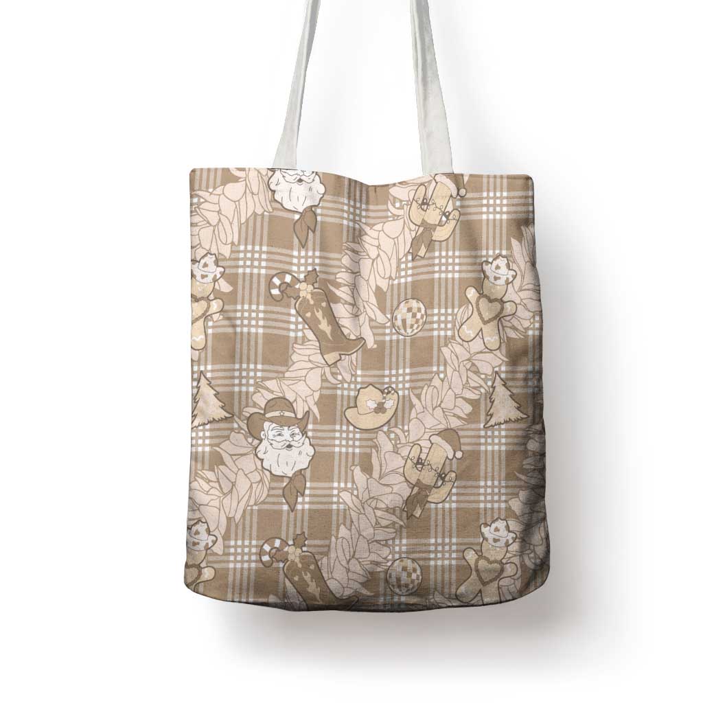 Khaki Palaka Hawaii Cowboy Christmas Tote Bag Paniolo Mix Maile Lei - Polynesian Pride
