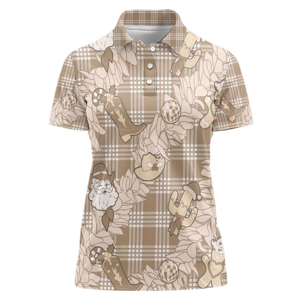 Khaki Palaka Hawaii Cowboy Christmas Women Polo Shirt Paniolo Mix Maile Lei LT7 Female Beige - Polynesian Pride