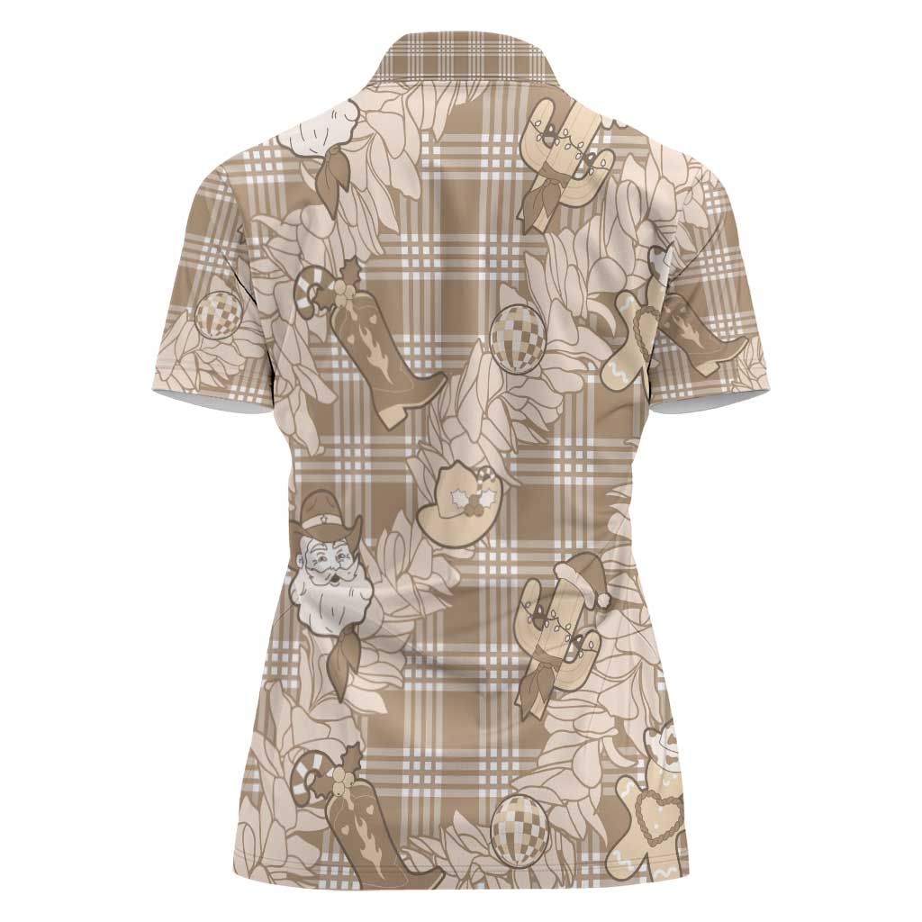Khaki Palaka Hawaii Cowboy Christmas Women Polo Shirt Paniolo Mix Maile Lei LT7 - Polynesian Pride