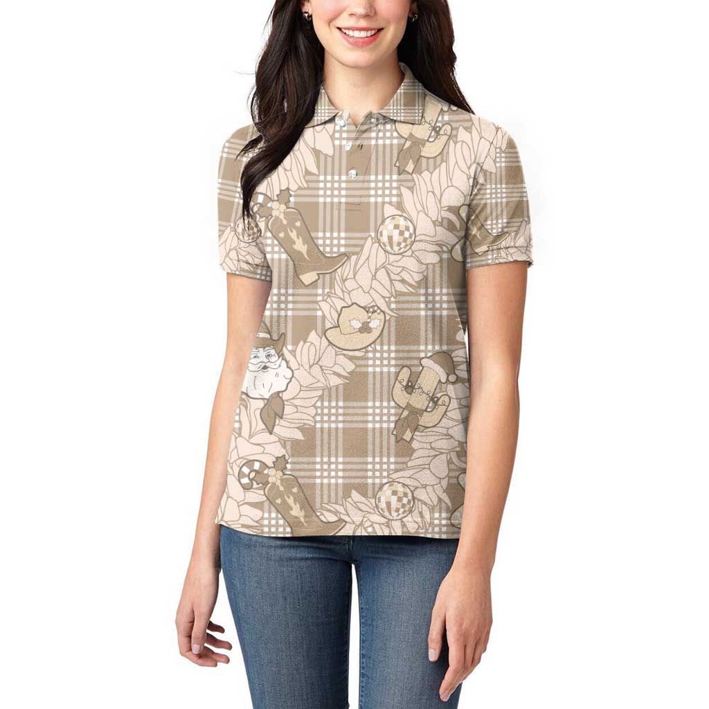Khaki Palaka Hawaii Cowboy Christmas Women Polo Shirt Paniolo Mix Maile Lei LT7 - Polynesian Pride