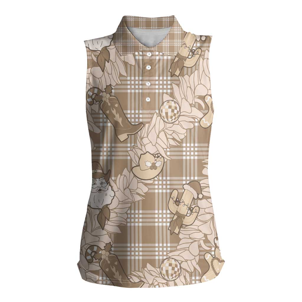Khaki Palaka Hawaii Cowboy Christmas Women Sleeveless Polo Shirt Paniolo Mix Maile Lei LT7 Female Beige - Polynesian Pride