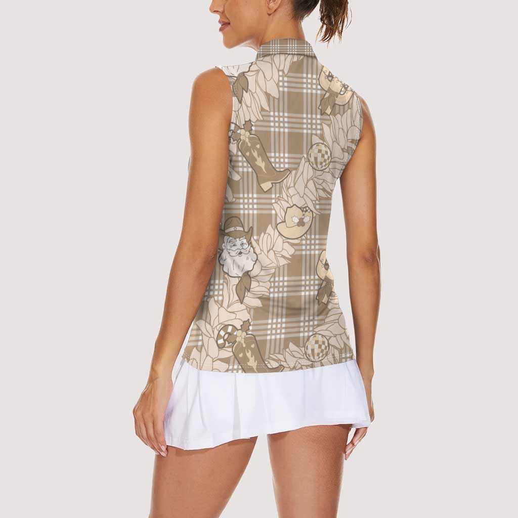 Khaki Palaka Hawaii Cowboy Christmas Women Sleeveless Polo Shirt Paniolo Mix Maile Lei LT7 - Polynesian Pride