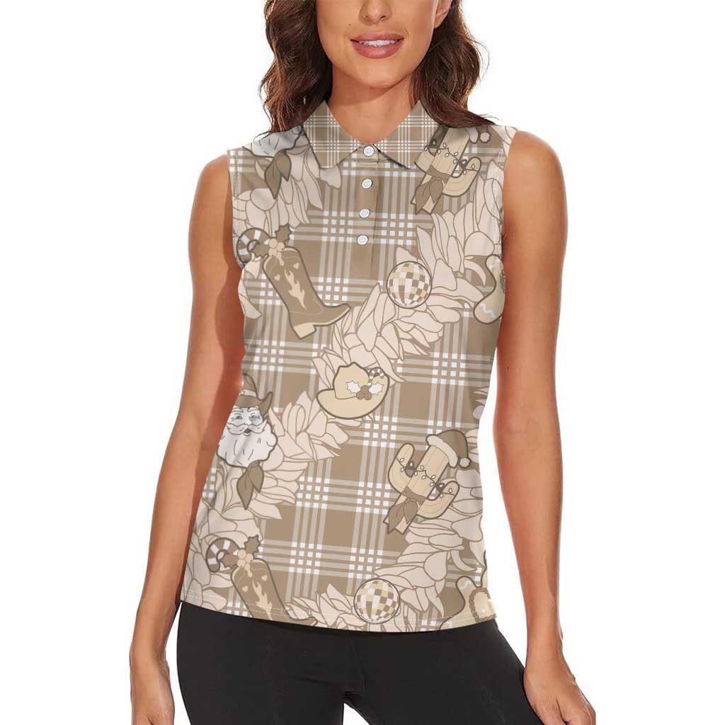 Khaki Palaka Hawaii Cowboy Christmas Women Sleeveless Polo Shirt Paniolo Mix Maile Lei LT7 - Polynesian Pride