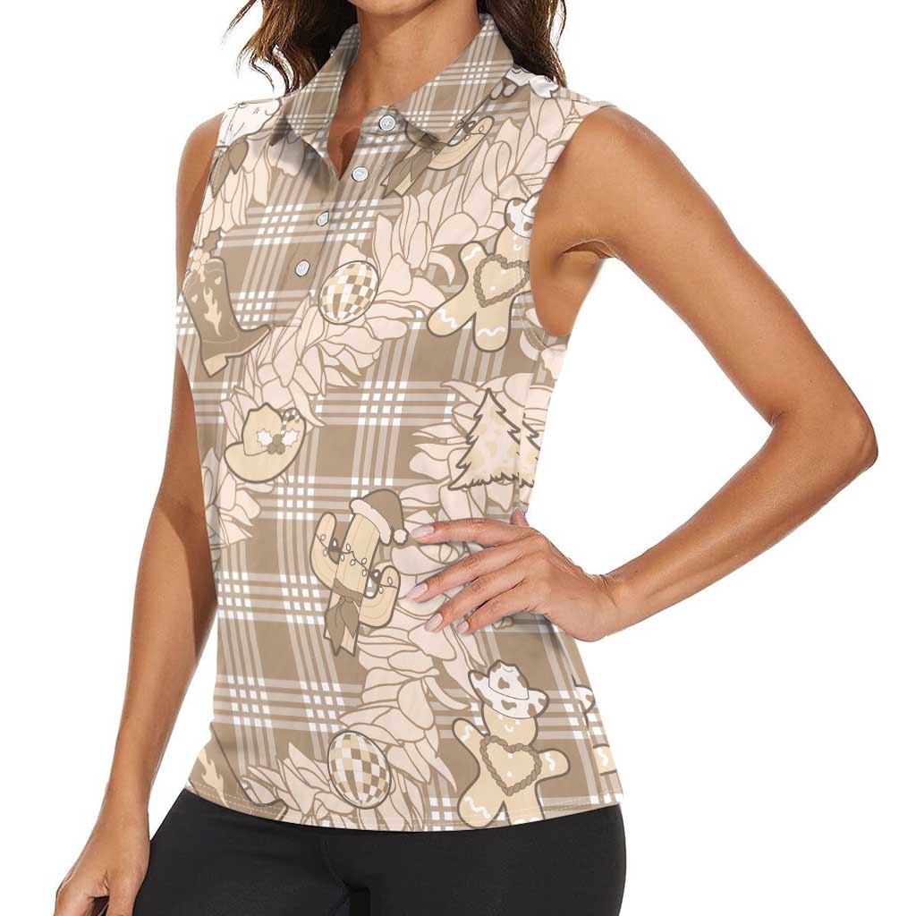 Khaki Palaka Hawaii Cowboy Christmas Women Sleeveless Polo Shirt Paniolo Mix Maile Lei LT7 - Polynesian Pride