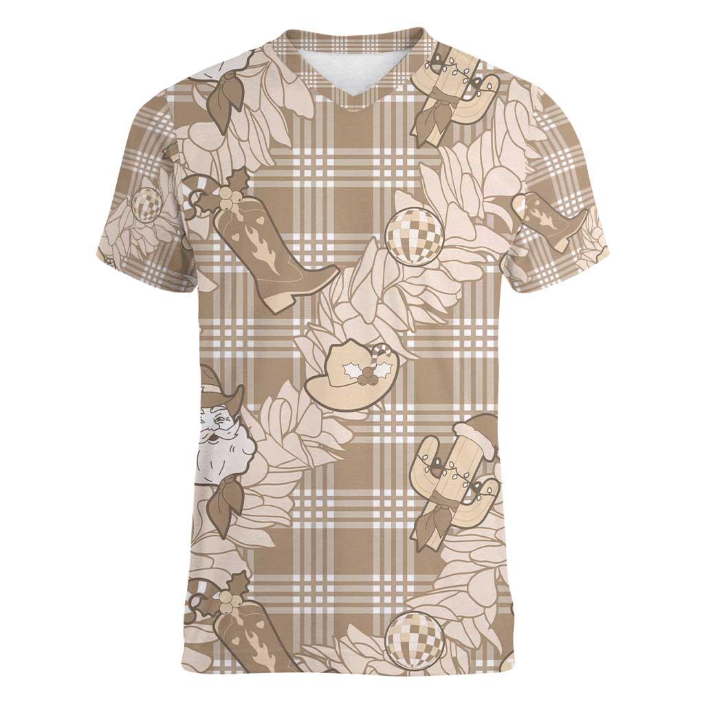 Khaki Palaka Hawaii Cowboy Christmas Women V-Neck T-Shirt Paniolo Mix Maile Lei LT7 Female Beige - Polynesian Pride