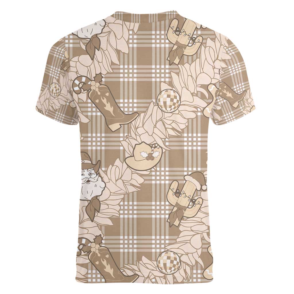 Khaki Palaka Hawaii Cowboy Christmas Women V-Neck T-Shirt Paniolo Mix Maile Lei LT7 - Polynesian Pride