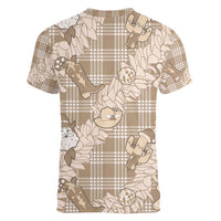 Khaki Palaka Hawaii Cowboy Christmas Women V-Neck T-Shirt Paniolo Mix Maile Lei LT7 - Polynesian Pride