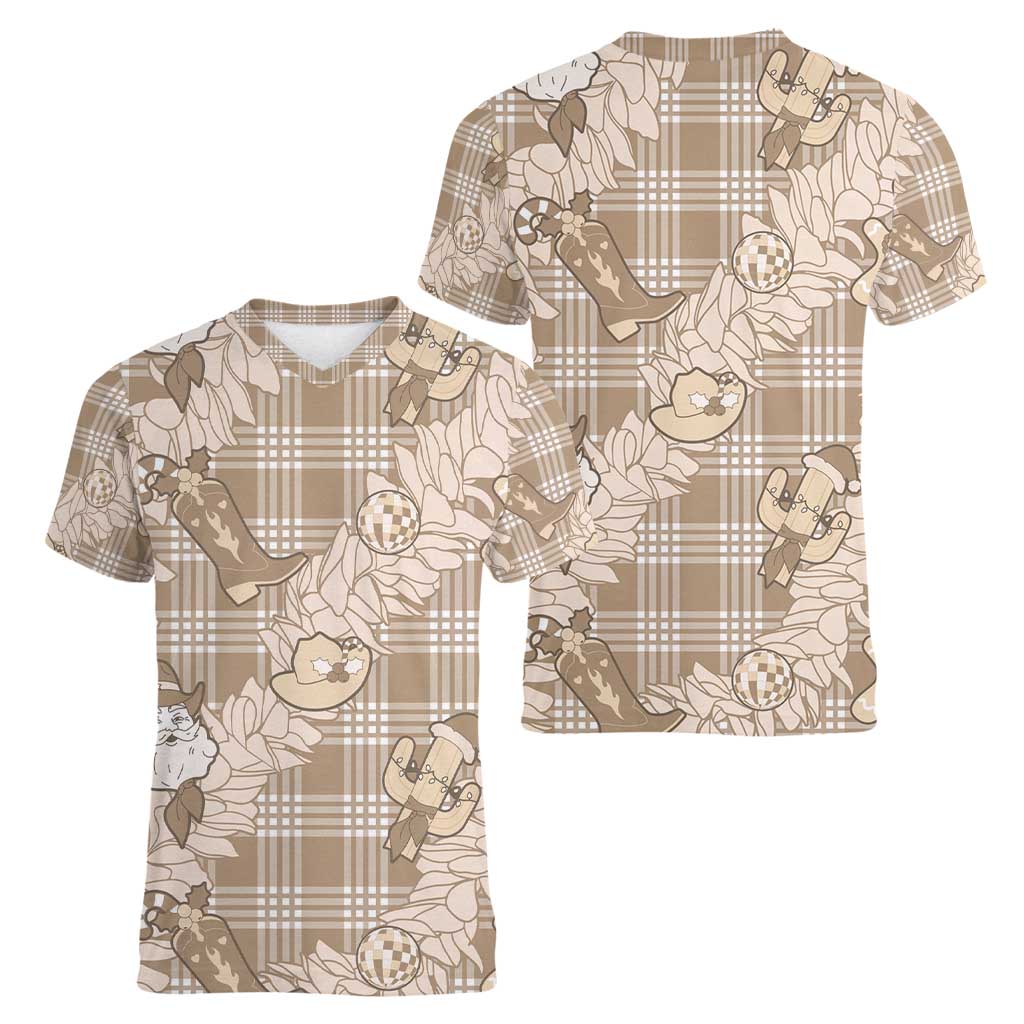 Khaki Palaka Hawaii Cowboy Christmas Women V-Neck T-Shirt Paniolo Mix Maile Lei LT7 - Polynesian Pride