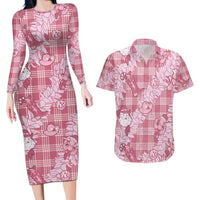 Pink Palaka Hawaii Cowboy Christmas Couples Matching Long Sleeve Bodycon Dress and Hawaiian Shirt Paniolo Mix Maile Lei LT7 Pink - Polynesian Pride