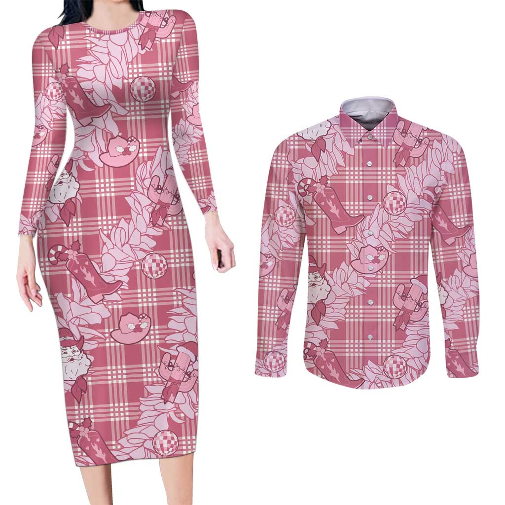Pink Palaka Hawaii Cowboy Christmas Couples Matching Long Sleeve Bodycon Dress and Long Sleeve Button Shirt Paniolo Mix Maile Lei LT7 Pink - Polynesian Pride