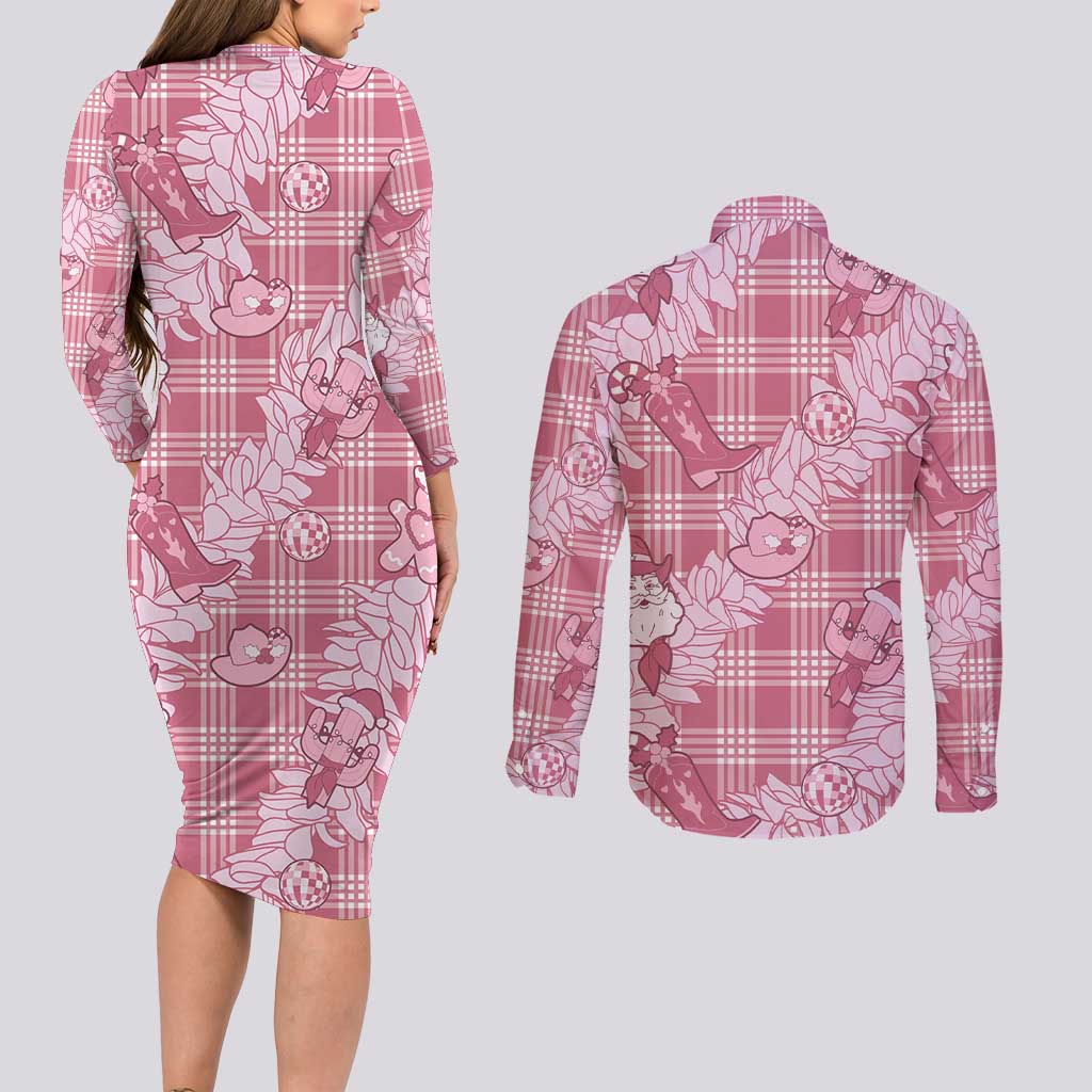 Pink Palaka Hawaii Cowboy Christmas Couples Matching Long Sleeve Bodycon Dress and Long Sleeve Button Shirt Paniolo Mix Maile Lei LT7 - Polynesian Pride