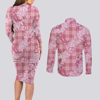 Pink Palaka Hawaii Cowboy Christmas Couples Matching Long Sleeve Bodycon Dress and Long Sleeve Button Shirt Paniolo Mix Maile Lei LT7 - Polynesian Pride