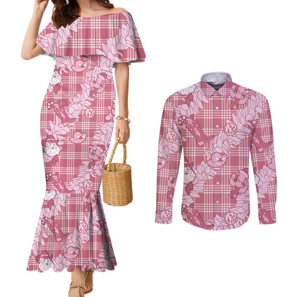 Pink Palaka Hawaii Cowboy Christmas Couples Matching Mermaid Dress and Long Sleeve Button Shirt Paniolo Mix Maile Lei LT7 Pink - Polynesian Pride
