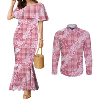 Pink Palaka Hawaii Cowboy Christmas Couples Matching Mermaid Dress and Long Sleeve Button Shirt Paniolo Mix Maile Lei LT7 Pink - Polynesian Pride