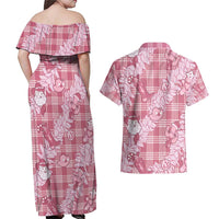 Pink Palaka Hawaii Cowboy Christmas Couples Matching Off Shoulder Maxi Dress and Hawaiian Shirt Paniolo Mix Maile Lei LT7 - Polynesian Pride