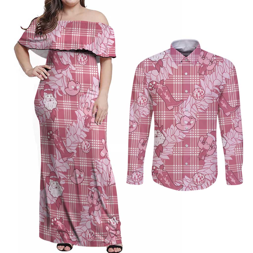 Pink Palaka Hawaii Cowboy Christmas Couples Matching Off Shoulder Maxi Dress and Long Sleeve Button Shirt Paniolo Mix Maile Lei LT7 Pink - Polynesian Pride