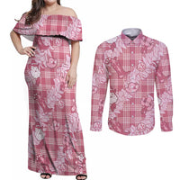 Pink Palaka Hawaii Cowboy Christmas Couples Matching Off Shoulder Maxi Dress and Long Sleeve Button Shirt Paniolo Mix Maile Lei LT7 Pink - Polynesian Pride